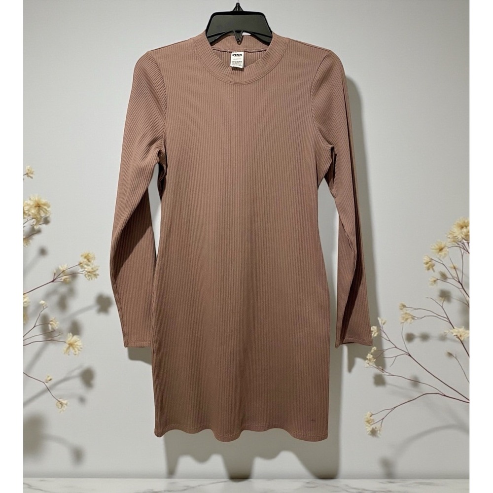 NEW Pink Victoria's Secret Size Large L Stretch Sexy Dress Brown Rib LS Lounge - Picture 2 of 11